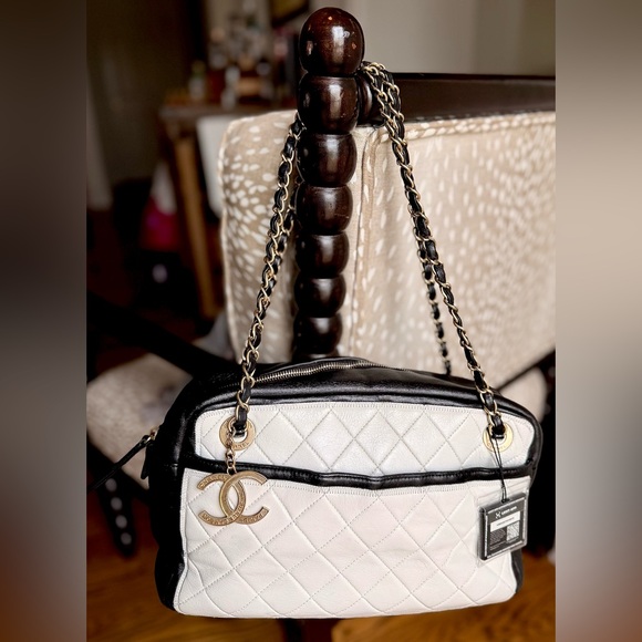 CHANEL Handbags - Chanel Double Chain Bicolor Leather Shoulder Bag